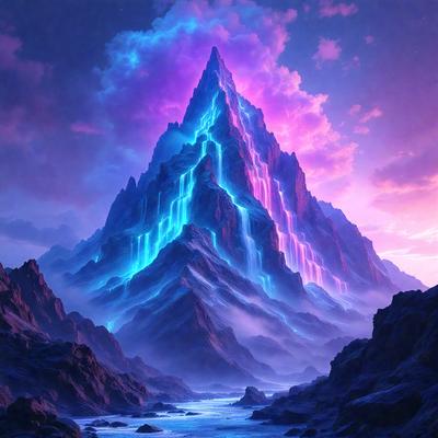 The primary subject of the image is a large, colorful mountain with a purple and blue hue. The mountain is surrounded by a beautiful landscape, including a body of water and a sky filled with clouds. The visual style of the image is a digital art or illustration, creating a vibrant and captivating scene. The colors and mood of the image are lively and serene, with the purple and blue tones adding a sense of tranquility to the overall atmosphere.